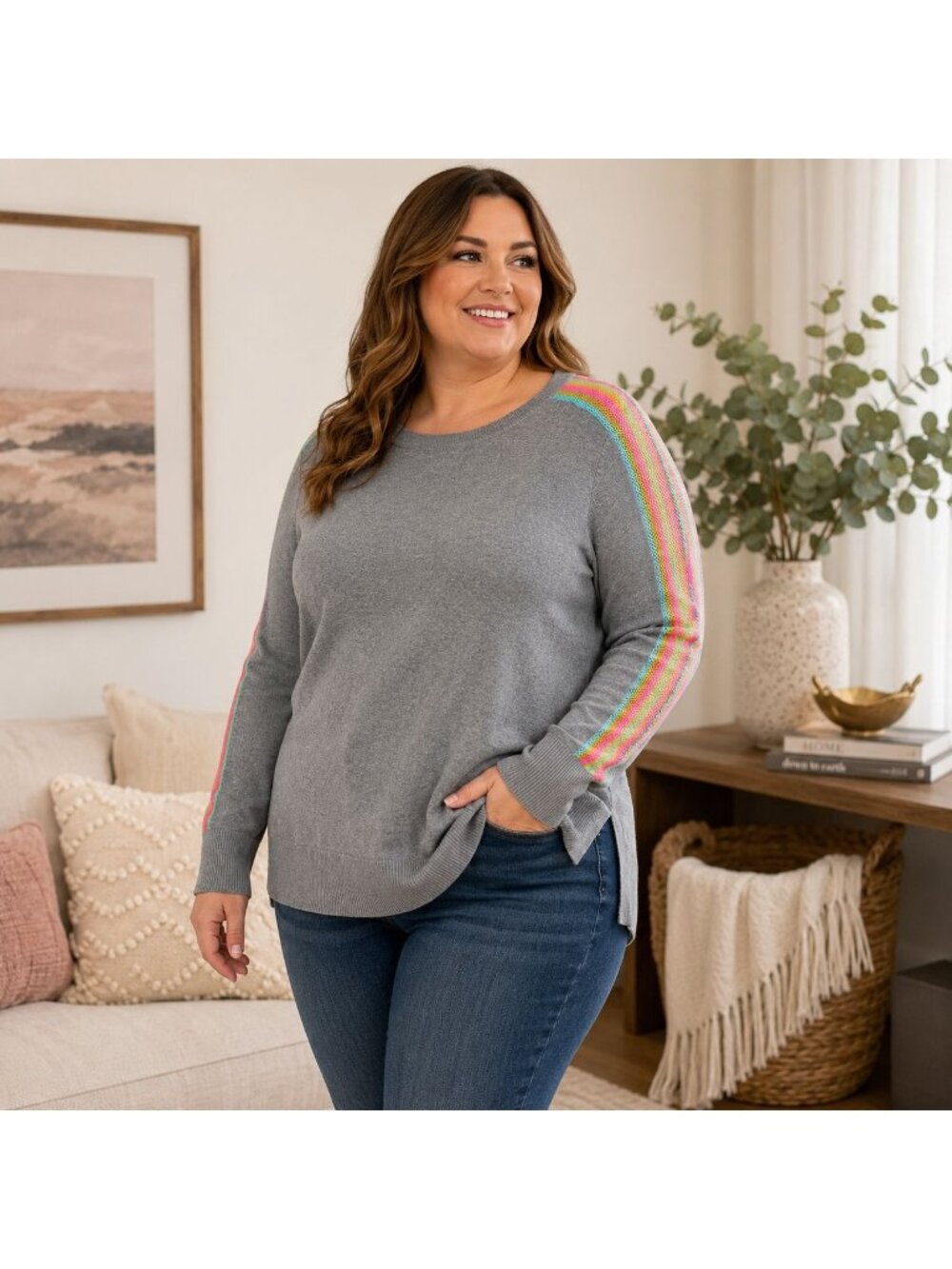 Belle by Kim Gravel XL Gray Sweater Rainbow Stripe Sleeve Cotton Blend Preppy